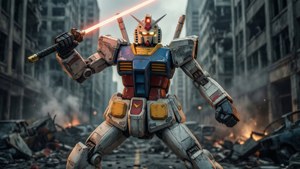 RX-78-2 Gundam در حالتی حماسی و آماده به نبرد در میان شهری ویران.
