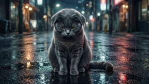 یک گربه خاکستری تنها در باران — انیمه گربه والپیپر